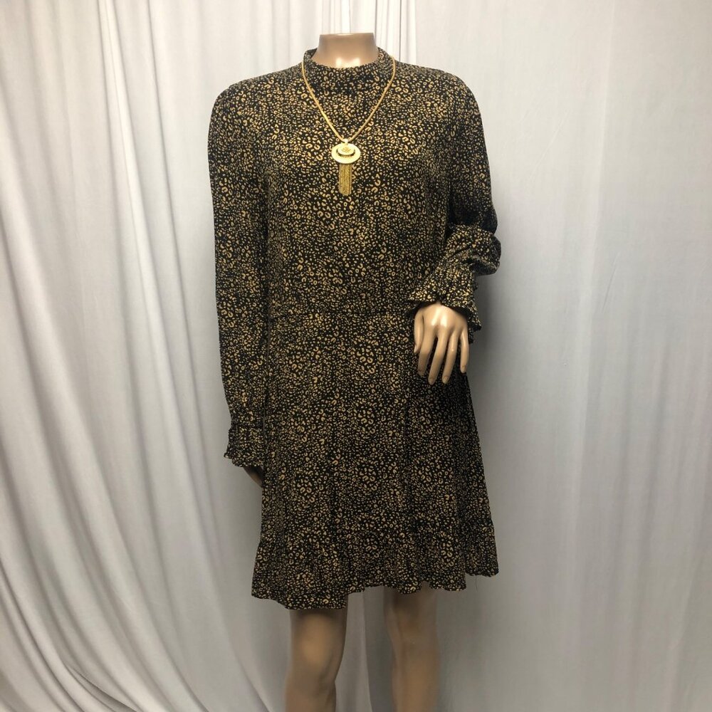 Popsugar Dress Womens Size Large Black Brown Mock Neck Ruffle Hem Mini